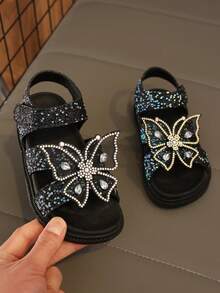 1 Pair Girls' Shiny Bowknot Elegant Princess Style Thick Sole Sandals, Non-Slip, Durable, Soft, Suitable For Party, Gathering, Daily Wear, Casual Outing - Black - View 4