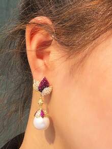 1 Pair Hot Pink CZ Flower & Leaf Long Drop Pearl Dangle Earrings, Gold Plated Cubic Zirconia Jewelry For Brides, Bridesmaids, Engagement Party, Prom, Women, Girlfriends, Wife Gift