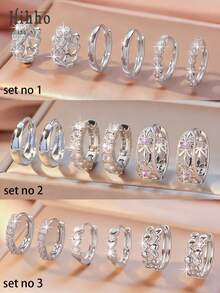 Hihho 6pcs/Set Colorful Zirconia Inlaid Clip-On Earrings, Classic Retro Design Zirconia Earrings, Lightweight Luxury Minimalist Earring Set, Suitable For Daily Stacking Or Single Wear, Best Gift For Friends - Silver - View 2