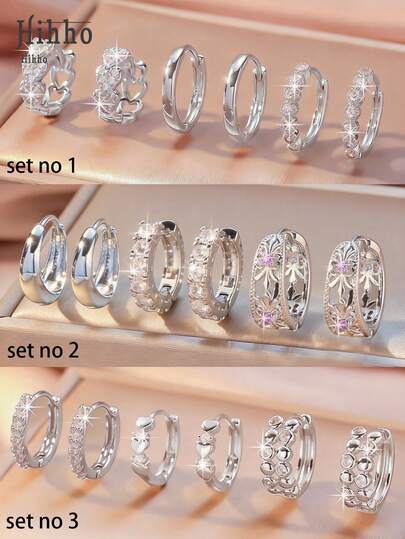 Hihho 6pcs/Set Colorful Zirconia Inlaid Clip-On Earrings, Classic Retro Design Zirconia Earrings, Lightweight Luxury Minimalist Earring Set, Suitable For Daily Stacking Or Single Wear, Best Gift For Friends