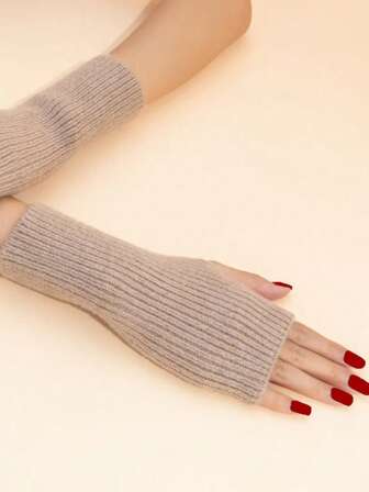 1 par enfärgade fingerlösa stickade handskar, mångsidiga, varma, avslappnade, lämpliga för dejter och outfits