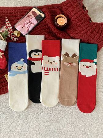 1/3/5 Pairs Christmas Santa Claus, Reindeer, Snowman, Christmas Tree Funny Pattern Socks, Comfortable Crew Socks For Christmas Gift And Home Wear