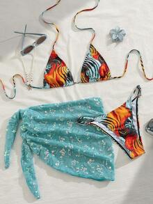 2026春夏女士三件套泳衣，优雅性感比基尼，随机印花系带上衣搭配低腰泳裤和闪亮迷你裙，复古泳装连衣裙沙滩装，适合女士派对、圣诞节假期穿着 - 彩色 - 查看 7
