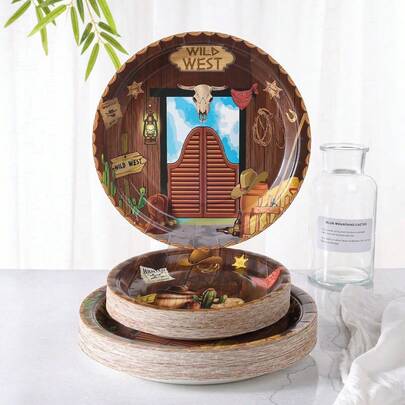 7-Inch And 9-Inch Disposable Party Paper Plates, Western Cowboy Saloon Printed Party Supplies, Disposable Paper Plates For Party Desserts, Suitable For Birthday, Celebration, Party Decorations