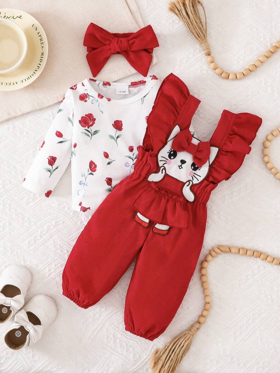 3-delars set: Långärmad blommig topp, fuchsiafärgat pannband och fuchsiafärgad ärmlös jumpsuit med broderad katt - Rött och Vitt - Visa 1
