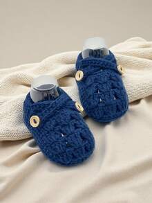 1 Pair Handmade Crochet Infant Shoes, Light Purple Color With Button Decor, Infant Size - Navy Blue - View 5