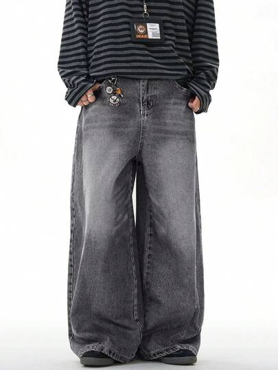 1 chiếc quần jeans ống rộng dáng suông cỡ lớn hiệu Justice Brother Vintage Washed, kiểu dáng thường ngày và đa năng dành cho cặp đôi (Không bao gồm thắt lưng/phụ kiện)