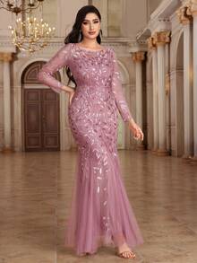 Long Sleeve Contrast Floral Sequin Mesh Fitted Elegant Evening Gown, Mermaid Hem Party Formal Dress, Mother Of The Bride Dress, Wedding Guest Dress, Suitable For Graduation Ceremony, Banquet, Birthday Party - Dusty Pink - View 4