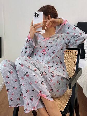 女士两件套睡衣套装，花卉印花翻领V领开衩设计长袖上衣和长裤配套睡衣套装，女士休闲家居服，女士睡衣，可爱睡衣套装，女士春/秋/冬睡衣