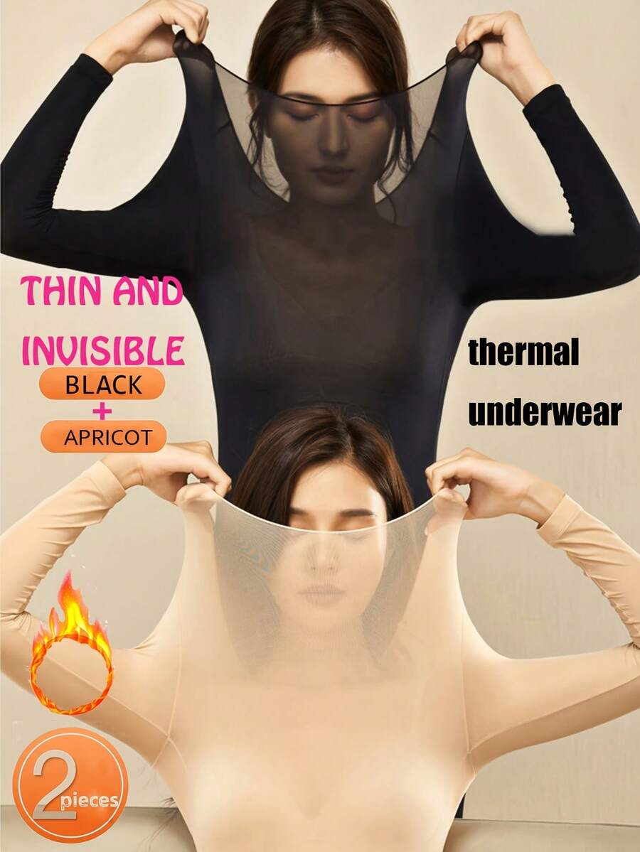 2pcs Ultra-Warm Underwear, High-Elasticity Soft Comfortable Long Sleeve Top, Women'S Lingerie And Sleepwear - 淺米色+淺米色 - 查看 1