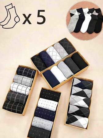 5 Pairs Men's Solid Color Mid-Calf Business Socks, Multi-Style, Year-Round Spring/Summer/Autumn/Winter