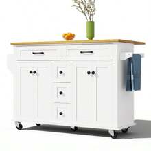 Multifunctional Kitchen Trolley With Fold-Out Worktop, Extendable To 120*65 Cm, With 5 Drawers, Cabinets, Spice And Towel Racks, On Casters – Kitchen Island For Kitchen, Dining Room And Living Room - White - View 6