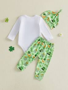 Conjunto de primavera para bebé niño con estampado de trébol y gorro de copa, mono de manga larga, pantalones y gorro de 3 piezas, ropa bonita para festivales de ocio, ideal para 0 a 18 meses - Verde - Ver 7