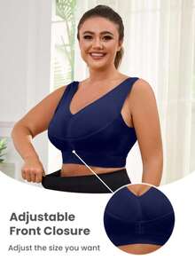 1件装无缝无钢圈前扣可调节支撑瑜伽睡眠文胸，舒适套头运动文胸，适合大码女性 - 藏蓝色 - 查看 5