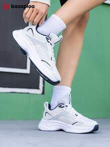 baasploa 2026 Nuevos tenis de suela gruesa para mujer, zapatos para correr de malla, tenis de plataforma, zapatos casuales ligeros, zapatos retro, zapatos para caminar de mujer, zapatos para estudiantes, zapatos blancos, zapatos de mujer, zapatos versátiles y de moda para entrenamiento y correr, tenis planos, tenis retro de color contrastante - Blanco - Ver 10