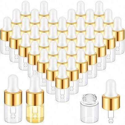 10/1pc Mini Glass Dropper Bottles, 0.07 Oz Large Capacity, Gold Clear Essential Oil Bottles, Small Tincture Sample Containers, Perfume Liquid Bottles With Caps, Travel Size, Hand Wash Only, Unscented, Round, Portable Accessory Storage