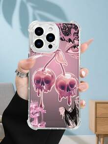 1PC Funda transparente con diseño de cerezas en forma de calaveras en tono rosa, detalles góticos y elementos místicos como murciélagos y ojos, estilo minimalista oscuro y artístico, protección contra caídas, ideal para mujeres y amantes del arte alternativo y elegante, regalo perfecto para fiestas, amigos, pareja o familia : funda transparente resistente a golpes, compatible con Apple Phone17/16/15/14/13/12/11/XS/XR/X/PLUS/PRO/PROMAX, agarre cómodo, regalo ideal para ocasiones especiales - transparente - Ver 4