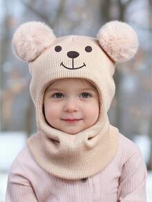 1 szt. Zestaw czapki i szalika dla dzieci w wieku 1-6 lat, uroczy, podwójny, dzianinowy, kominiarka z haftowanym misiem, miękka i wygodna czapka z kapturem, odpowiednia na jesienno-zimowe upały na świeżym powietrzu