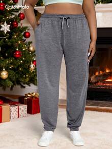 Plus Size Drawstring Solid Color Loose Jogger Pants With Pockets Spring - 灰色 - 查看 11