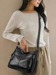 2025新款女士奢华斜挎包，高品质柔软皮革手提包钱包，设计师休闲单肩邮差包 - 黑色 - 查看 12