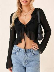 Women Solid Color Ruffle Front Tie Long Sleeves Blouse & Shirt, Sexy Casual Spring Summer Vacation Party Beach Street Top - màu đen - Xem 5