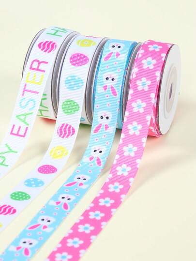 1Pc Easter Polyester Foil Ribbons,Happy Easter Day Ribbons Including Bunny Floral,Text And Easter Egg Design,Perfect For Easter Gift Wrapping,Easter Decorations For Home,Easter Party Favors,Spring Party Decor,Spring Decorations,Easter Egg Hunt Party Gifts