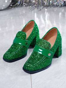 2026 Spring New Fashion European And American Style Square Toe Thick Heel Loafers Women Low Vamp British Small Leather Shoes - Green - View 6