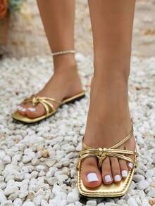 Women's New Flat Square Toe Design Sandals, Lightweight & Comfortable, Minimalist Fashion, Strap Criss-Cross Thong Slip-On, Versatile Bohemian Style Beach Slippers - Gold - View 5