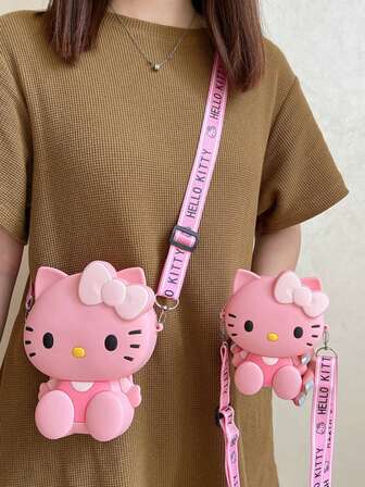 Sanrio Hello Kitty 女孩粉色可爱卡通斜挎零钱包单肩包（适合作为返校礼物）