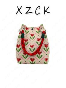 [XZck] Fashionable Knitted Bucket Handbag, Heart Pattern Design Tote Bag, Lightweight Foldable Handbag With Unique Design To Stand Out During Holidays, Great Gift For Girlfriend, Valentine's Day Gift - Multicolor - View 14