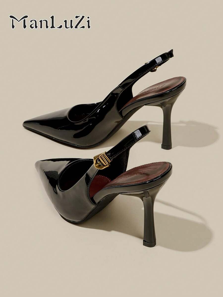 Women's Black Patent Leather Pointed Toe Kitten Heel Pumps, Elegant Formal Fashion Closed Toe Party Dress Shoes With Ankle Strap