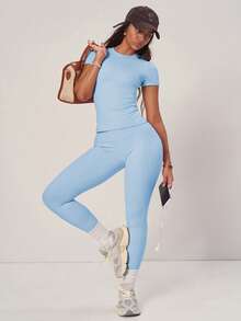 PinkTip Bộ áo và quần cơ bản màu xanh dương, cạp cao, dáng rộng, rất cần thiết cho mùa hè năng động và tập thể dục. - Màu xanh nhạt - Xem 5