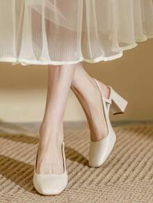 春夏新款复古方头法式高跟凉鞋，时尚闭趾高跟鞋，性感优雅的玛丽珍鞋，粗跟露后跟设计，适合约会、伴娘等各种场合，四季皆宜。 - 米色 - 查看 6