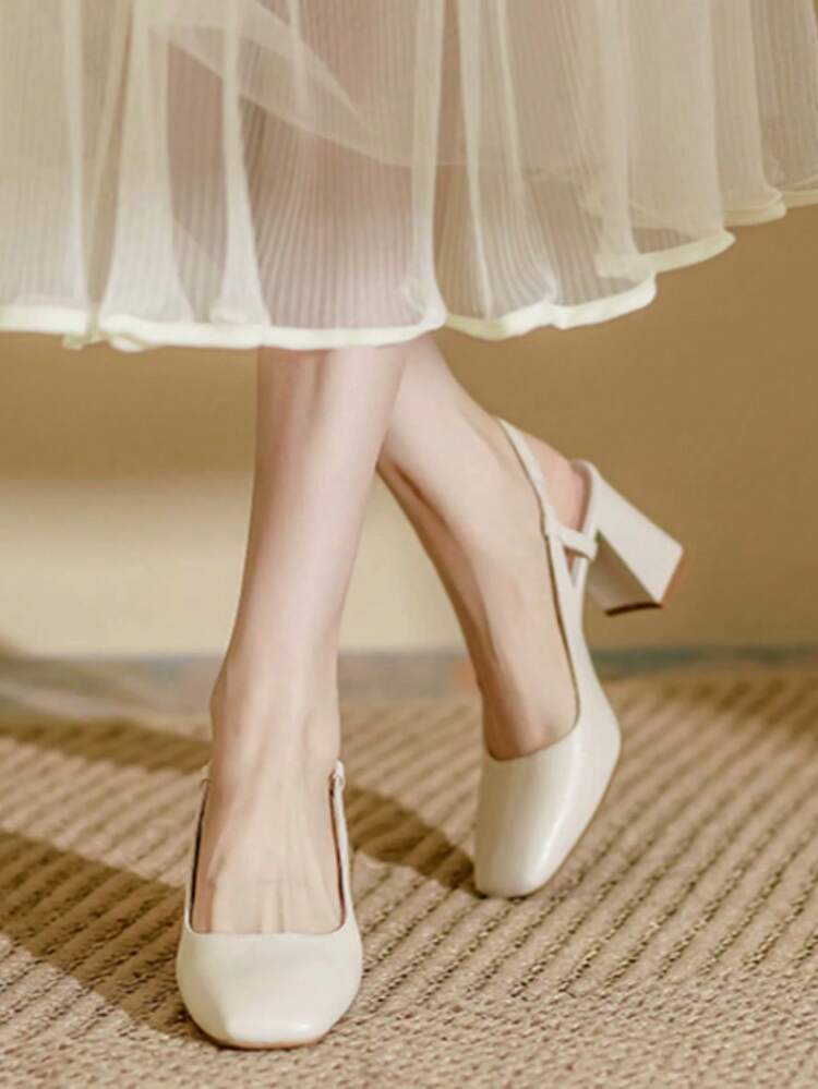 Spring/Summer New Retro Square Toe French Style High Heel Sandals, Fashionable Closed Toe High Heels, Sexy Elegant Mary Jane Shoes With Chunky Heel And Backless Design, Suitable For Dates, Bridesmaids, All Seasons - Beige - View 5