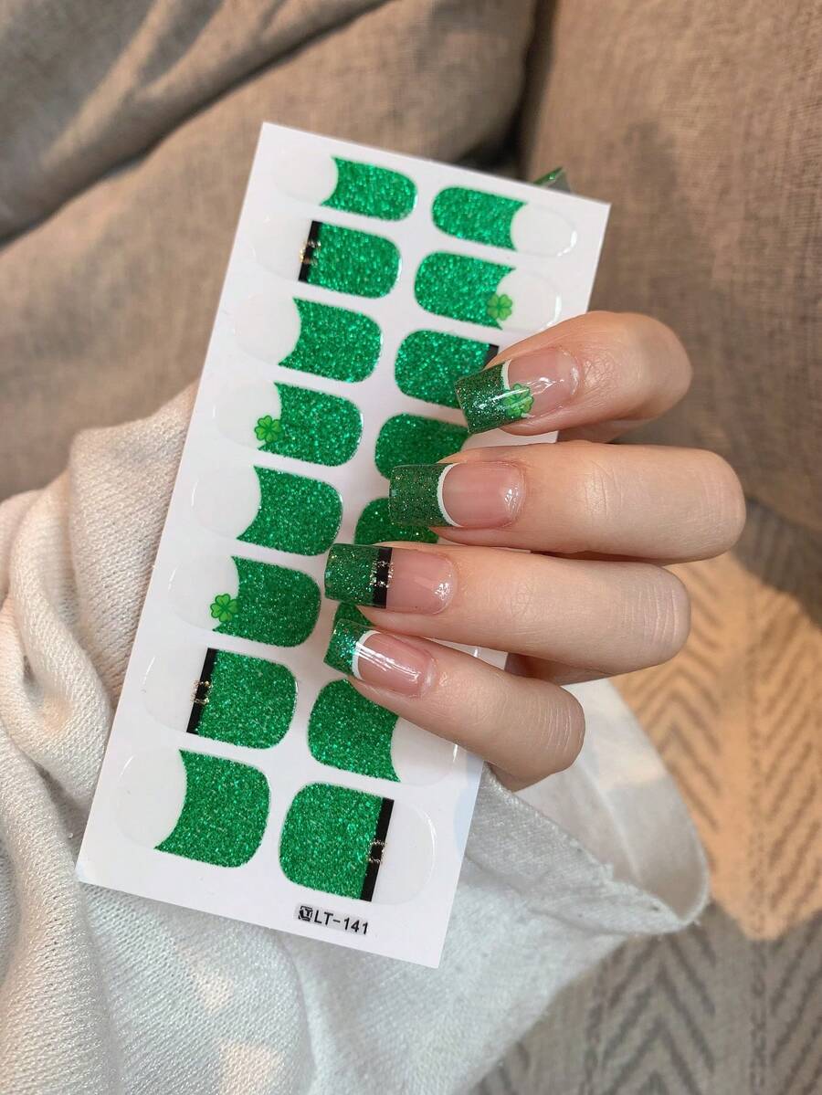 1片全新清新美甲贴纸，全甲覆盖设计，防水可撕贴美甲贴纸，女士美甲，自粘美甲贴纸，易于使用，适合节日、派对、生日礼物美甲 - 綠色 - 查看 1