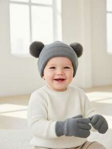2pcs/Set Toddler Boys & Girls Knitted Beanie Hat + Gloves Set, Baby Winter Warm Hat And Gloves Set, 2 Pieces