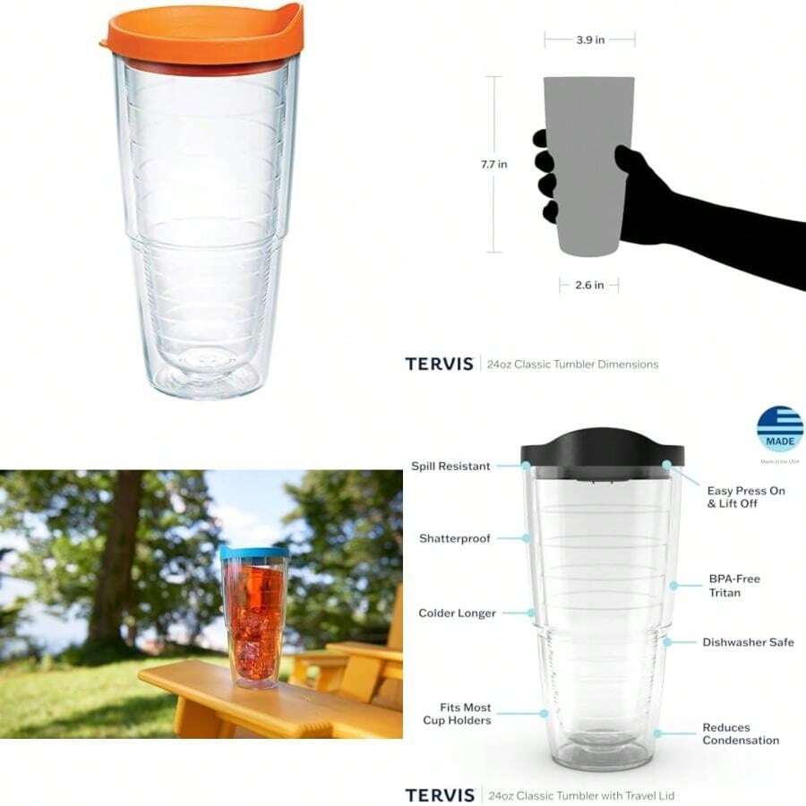 Tervis Made in USA Double Walled Clear & Colorful 24oz Lidded Insulated Tumbler Cup Keeps Drinks Cold & Hot, 24oz, Blue Lid(Tapa naranja 24 onzas) - Multicolor - Ver 1