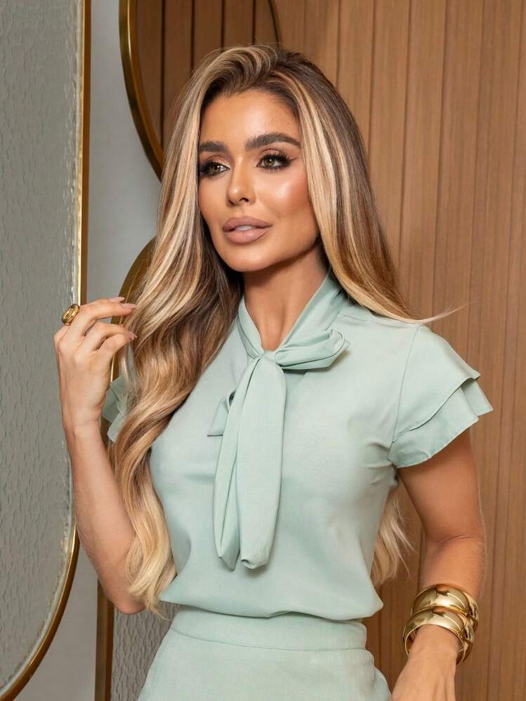 Women's Blouse With Sleeves Tie Christian Fashion Social Executive Premium Modern - Water Green - View 11