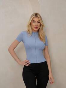 High-Stretch Yoga Jacket, Skinny, Running, Nude, Fitness, Sports, Short Sleeve. - 淺藍色 - 查看 2