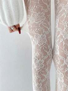 1Pc Y2K Style Plus Size Colorful Flower Fishnet Thigh-High Stockings Women's Sheer Hollow-Out Tight Design High Elastic Sexy Comfortable Fits 80-200 Lbs Daily Wear  Hosiery - 白色 - 查看 1