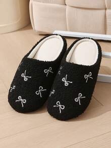 新款刺绣蝴蝶结静音家居拖鞋 - 黑色 - 查看 10