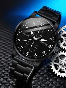 3pcs/Set Fashionable Versatile Men's Steel Band Quartz Watch With Lion Crown Bead Bracelet Set, Suitable For Business, Party And Daily Wear, Best Gift For Men - Black - View 2