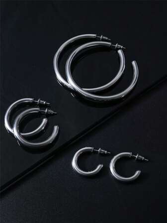 Set de 3 pendientes de aro en forma de C minimalistas de acero inoxidable, 14K