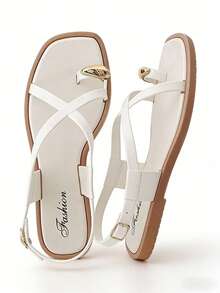 （请根据尺码表下单）女士纯色露趾平底凉鞋，女士夏季凉鞋，新款沙滩凉鞋，优雅休闲百搭女士平底拖鞋，女士平底凉鞋，露趾凉鞋，露趾拖鞋，白色拖鞋，白色凉鞋，人字拖凉鞋 - 白色 - 查看 6