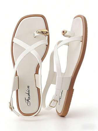 女士平底凉鞋，新款时尚女士凉鞋，搭扣人字拖，亮面优雅女士凉鞋，女士拖鞋，法式软底女士拖鞋，罗马休闲人字拖，平底凉鞋，白色凉鞋