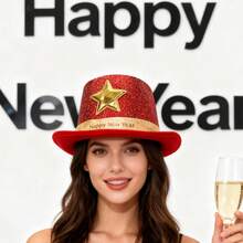 Sombreros de copa alta de Año Nuevo con purpurina y estrellas para fiestas de discoteca, para magos, cumpleaños, bodas y carnavales. - Rojo - Ver 2