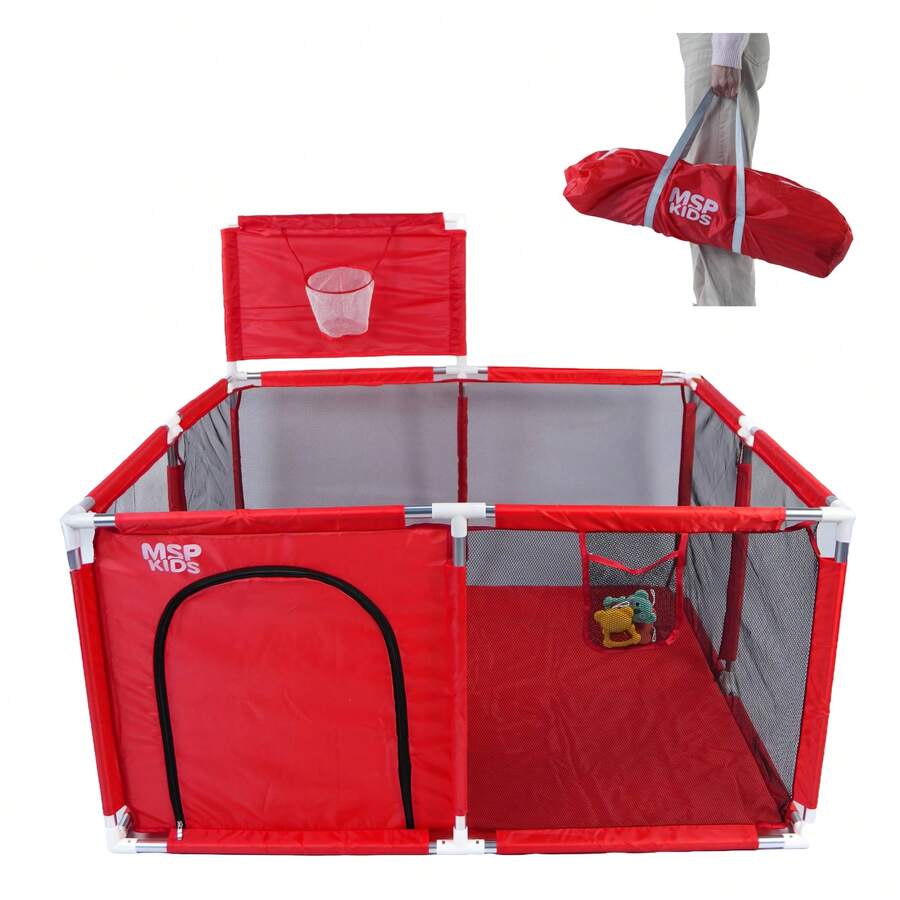 Children's Playpen With Basket, Square - Red - View 1