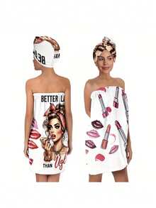 2pcs Fashion Art Bathrobe & Towel Set, Wearable Hooded Bath Towel, Machine Washable Adult Home Bathrobe & Hair Drying Cap Set, Sauna Skirt, Bathrobe, Essential Bathroom Accessory - Multicolor - View 3