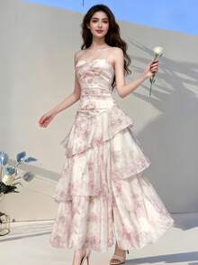 Spring Summer Elegant Floral Party Evening Dresses Women Chic Ruffle Chiffon Fairy Dress Valentine's Day Pink Clothes 2026 New Spaghetti Strap Sleeveless Beach Outfit Pink Clothes Mujers Robe - Pink - View 2