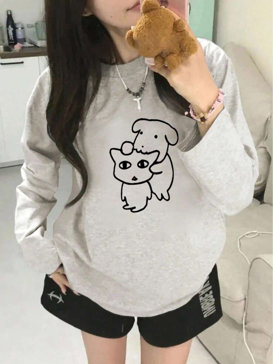 Áo thun cotton dài tay cổ tròn in họa tiết hoạt hình dáng rộng rãi cho nữ, thời trang & đa năng, mùa xuân/thu - Màu xám nhạt - Xem 1